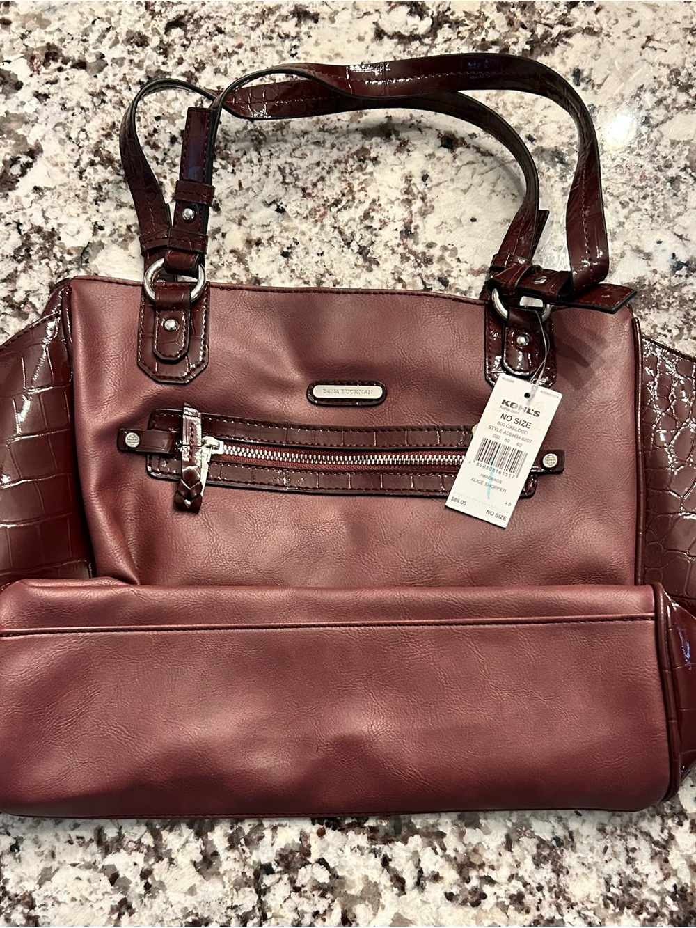 New Dana Buchman Bordeaux Faux Leather Shoulder Bag with Zebra-striped Interior